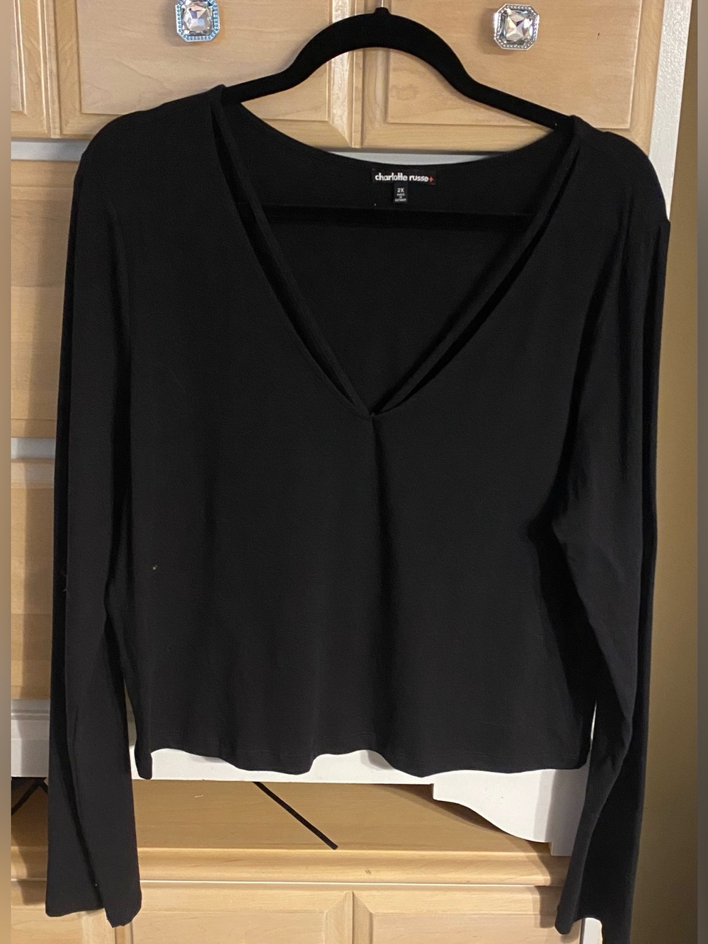 Charlotte Russe Black Long-Sleeve V-Neck Top
